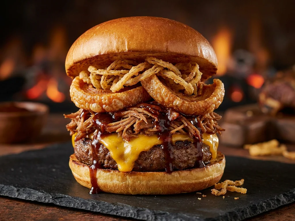 Big Texas 2.0: vaca vieja de 30 días, cheddar, torreznos, pulled pork, cebolla crunchy y BBQ…