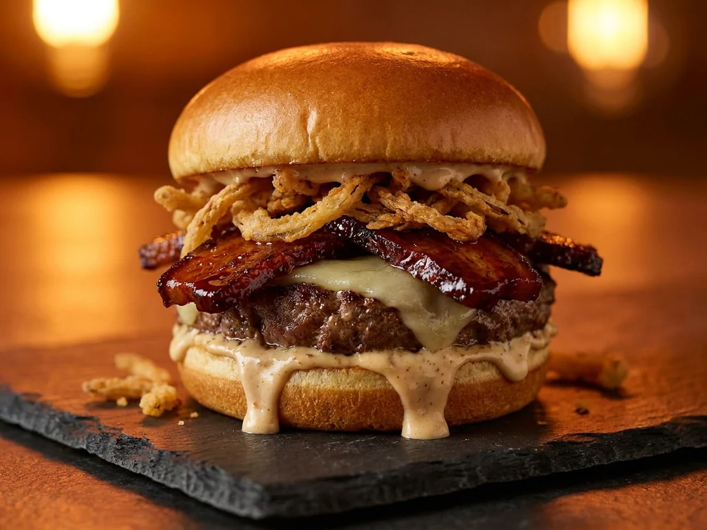 Double Bourbon: vaca vieja de 30 días o wagyu, torreznos al bourbon, provolone, cebolla crunchy…